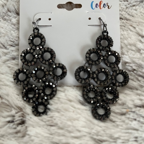 NWT MIXIT Color Dark Brown Crystal Chandelier Earrings set in Black Hardware - Picture 4 of 6